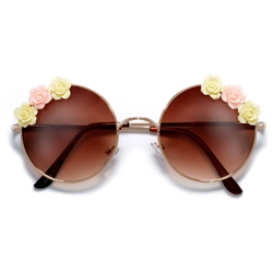 Flower Decorated 55mm Round Metal Chic Sunglasses